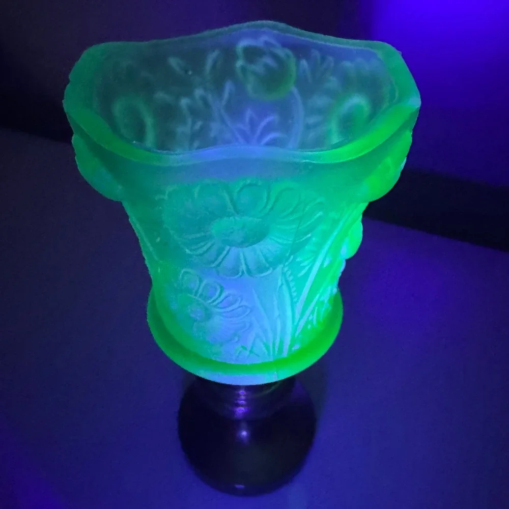 Vintage Green Uranium Glass Floral Satin Frosted Brass Candle Holder 5 1/2